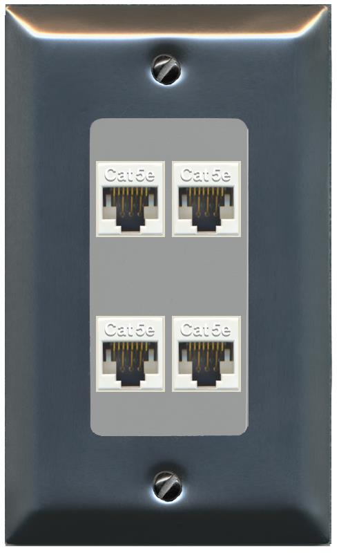 RiteAV 1 Gang Decorative 4 Port Cat5e Wall Plate - 1 Gang [Stainless/Gray]