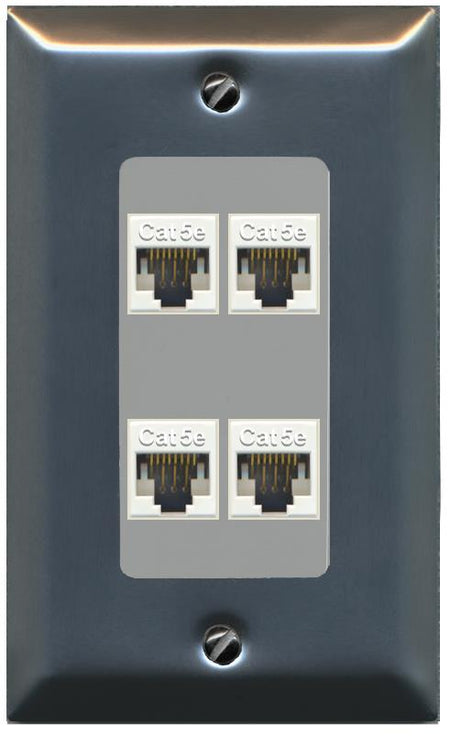 RiteAV 1 Gang Decorative 4 Port Cat5e Wall Plate - 1 Gang [Stainless/Gray]
