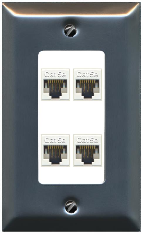 RiteAV 1 Gang Decorative 4 Port Cat5e Wall Plate - 1 Gang [Stainless/White]