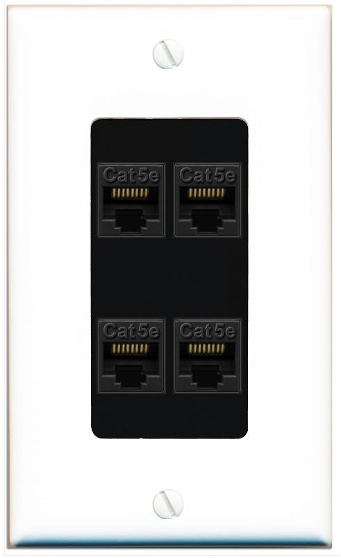 RiteAV 1 Gang Decorative 4 Port Cat5e Wall Plate - 1 Gang [White/Black]