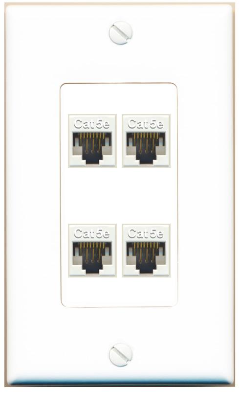 RiteAV 1 Gang Decorative 4 Port Cat5e Wall Plate - 1 Gang [White]