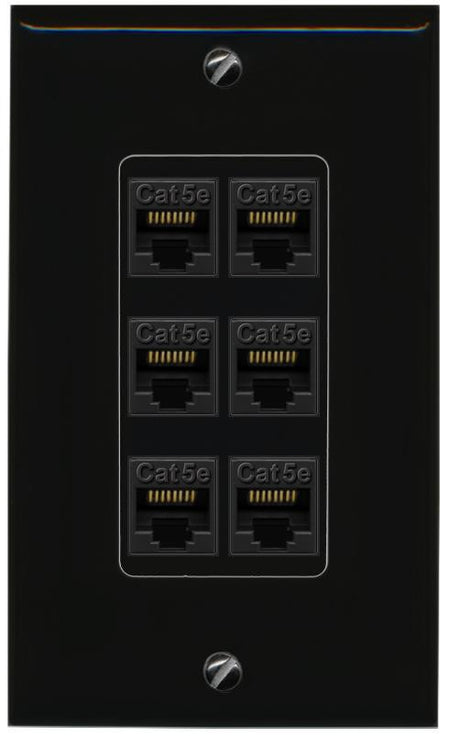 RiteAV 1 Gang Decorative 6 Port Cat5e Wall Plate - 1 Gang [Black/Black]
