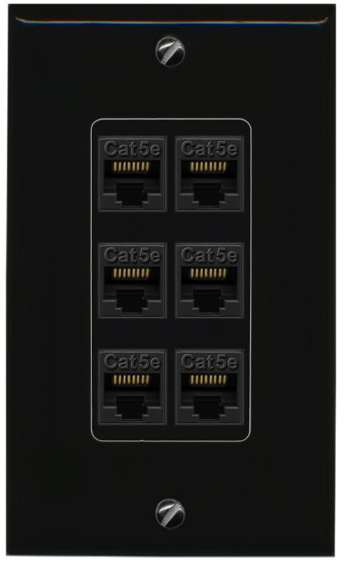 RiteAV 1 Gang Decorative 6 Port Cat5e Wall Plate - 1 Gang [Black/Black]