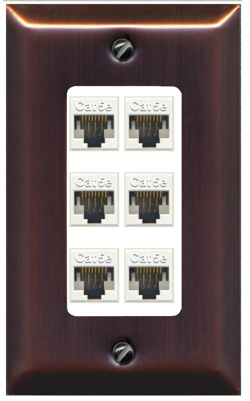 RiteAV 1 Gang Decorative 6 Port Cat5e Wall Plate - 1 Gang [Brushed-Copper/White]