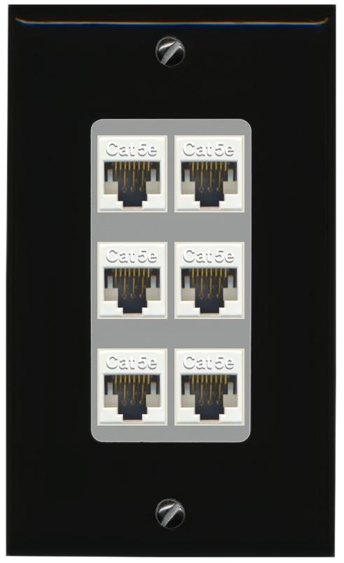 RiteAV 1 Gang Decorative 6 Port Cat5e Wall Plate - 1 Gang [Black/Gray]
