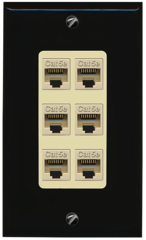 RiteAV 1 Gang Decorative 6 Port Cat5e Wall Plate - 1 Gang [Black/Ivory]