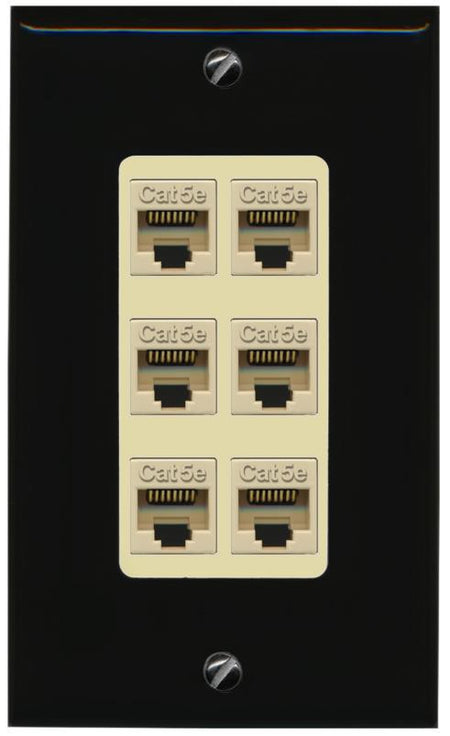 RiteAV 1 Gang Decorative 6 Port Cat5e Wall Plate - 1 Gang [Black/Ivory]