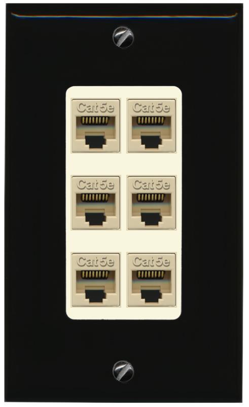 RiteAV 1 Gang Decorative 6 Port Cat5e Wall Plate - 1 Gang [Black/Light-Almond]