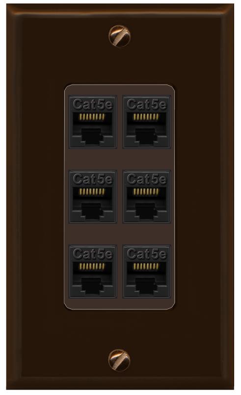 RiteAV 1 Gang Decorative 6 Port Cat5e Wall Plate - 1 Gang [Brown/Brown]