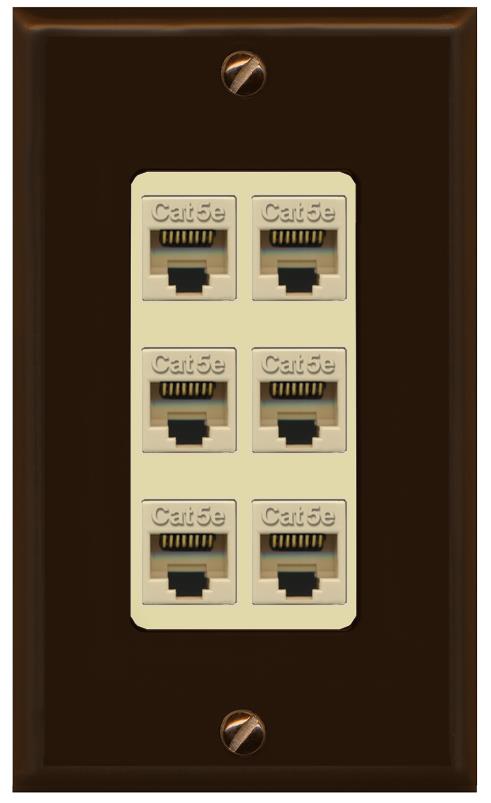 RiteAV 1 Gang Decorative 6 Port Cat5e Wall Plate - 1 Gang [Brown/Ivory]