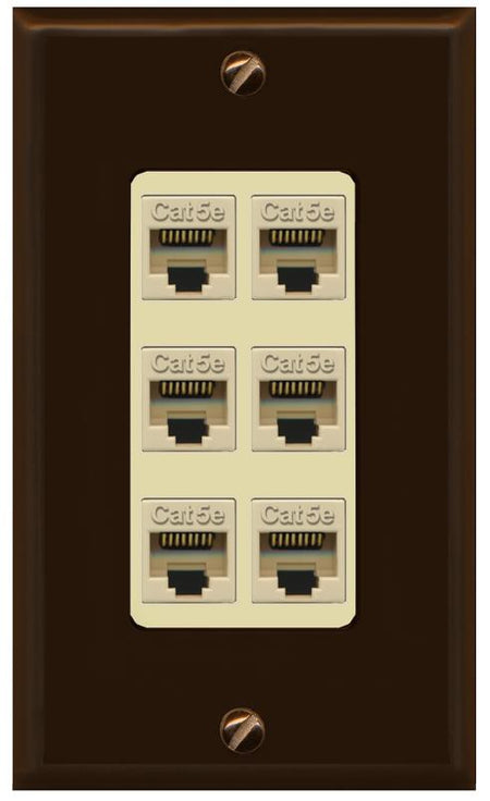 RiteAV 1 Gang Decorative 6 Port Cat5e Wall Plate - 1 Gang [Brown/Ivory]