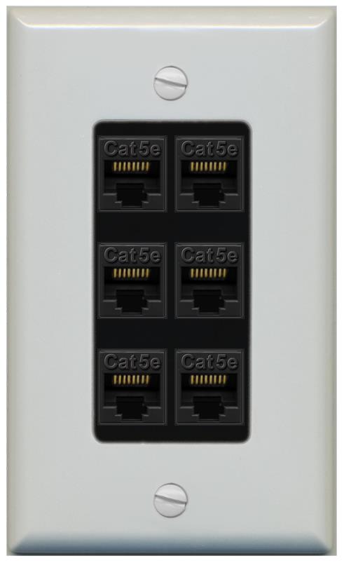 RiteAV 1 Gang Decorative 6 Port Cat5e Wall Plate - 1 Gang [Gray/Black]