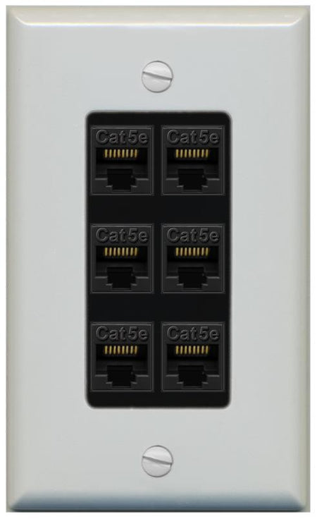 RiteAV 1 Gang Decorative 6 Port Cat5e Wall Plate - 1 Gang [Gray/Black]