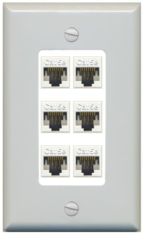 RiteAV 1 Gang Decorative 6 Port Cat5e Wall Plate - 1 Gang [Gray/White]