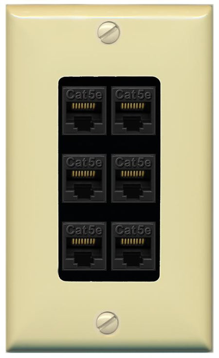 RiteAV 1 Gang Decorative 6 Port Cat5e Wall Plate - 1 Gang [Ivory/Black]