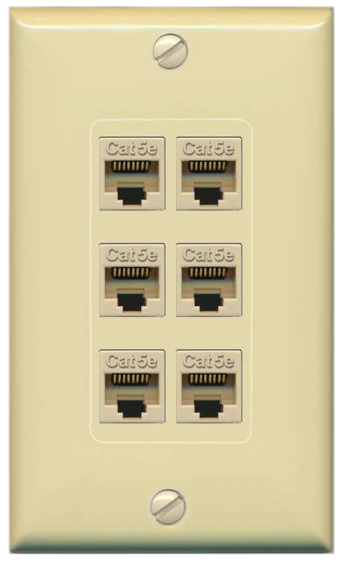 RiteAV 1 Gang Decorative 6 Port Cat5e Wall Plate - 1 Gang [Ivory/Ivory]