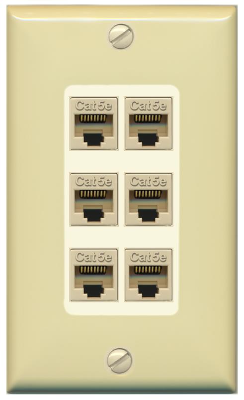 RiteAV 1 Gang Decorative 6 Port Cat5e Wall Plate - 1 Gang [Ivory/Light-Almond]