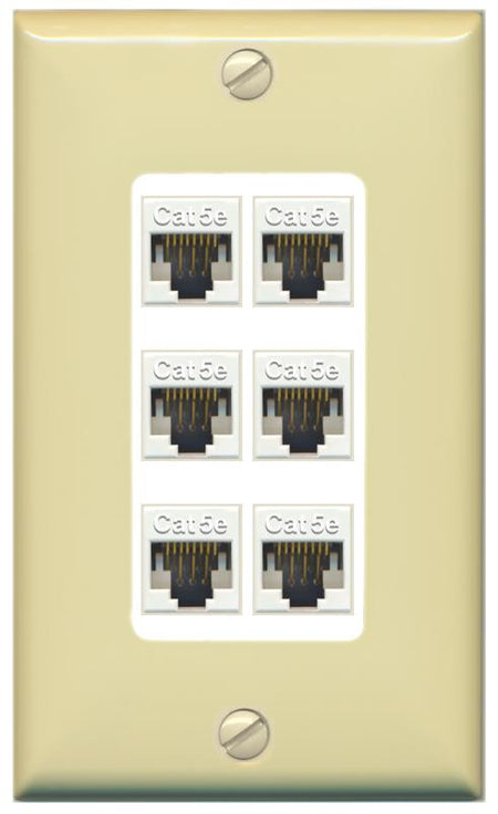 RiteAV 1 Gang Decorative 6 Port Cat5e Wall Plate - 1 Gang [Ivory/White]
