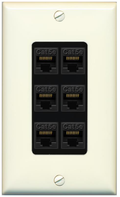 RiteAV 1 Gang Decorative 6 Port Cat5e Wall Plate - 1 Gang [Light-Almond/Black]