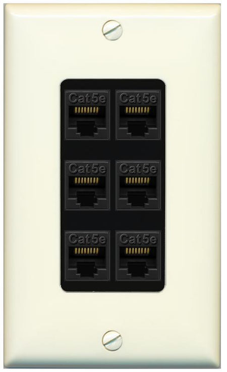 RiteAV 1 Gang Decorative 6 Port Cat5e Wall Plate - 1 Gang [Light-Almond/Black]