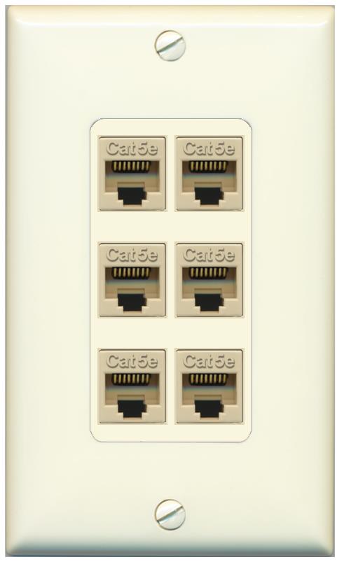 RiteAV 1 Gang Decorative 6 Port Cat5e Wall Plate - 1 Gang [Light-Almond]