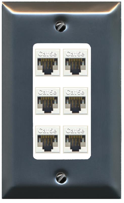 RiteAV 1 Gang Decorative 6 Port Cat5e Wall Plate - 1 Gang [Brushed-Nickel/White]