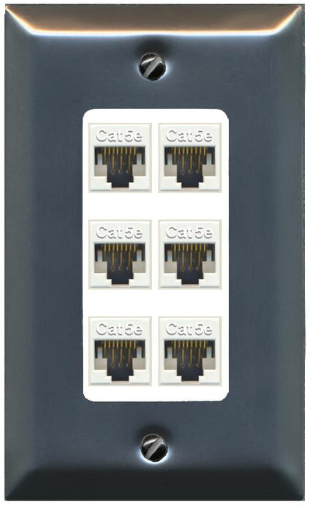 RiteAV 1 Gang Decorative 6 Port Cat5e Wall Plate - 1 Gang [Brushed-Nickel/White]