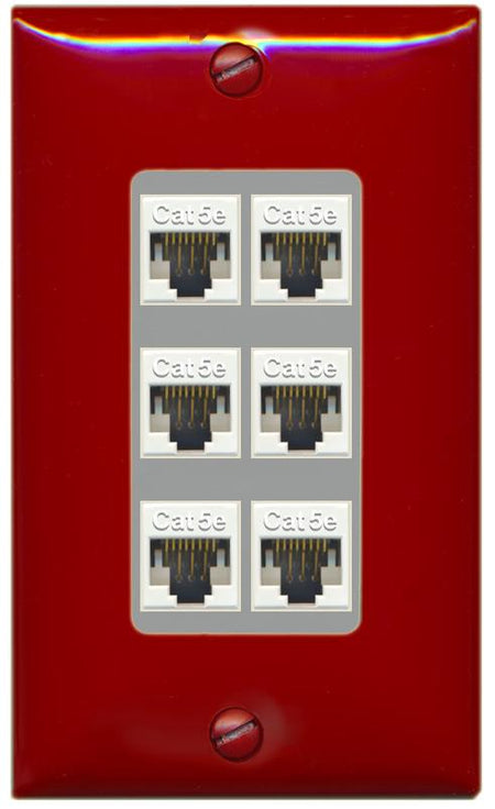 RiteAV 1 Gang Decorative 6 Port Cat5e Wall Plate - 1 Gang [Red/Gray]