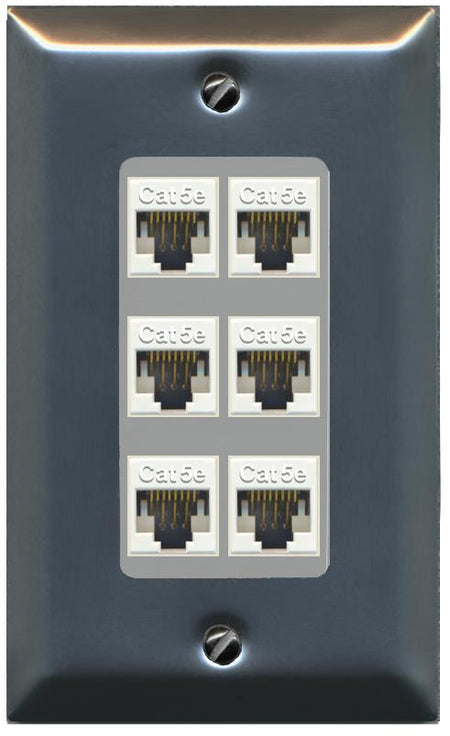 RiteAV 1 Gang Decorative 6 Port Cat5e Wall Plate - 1 Gang [Stainless/Gray]