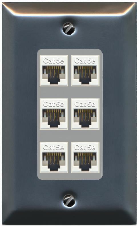 RiteAV 1 Gang Decorative 6 Port Cat5e Wall Plate - 1 Gang [Stainless/Gray]