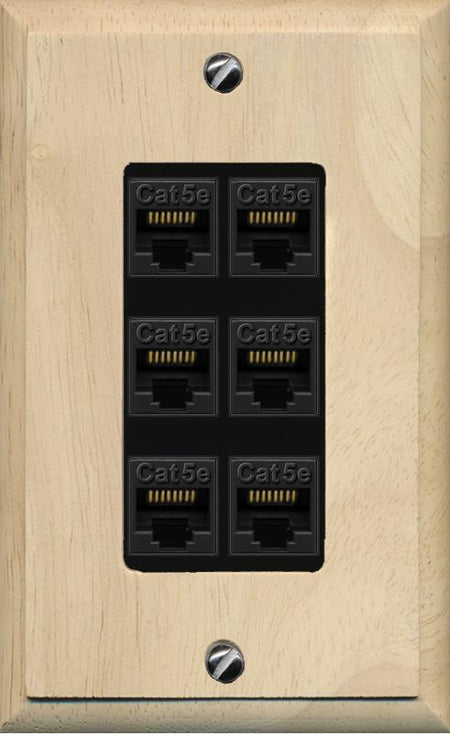 RiteAV 1 Gang Decorative 6 Port Cat5e Wall Plate - 1 Gang [Wood/Black]