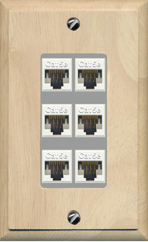 RiteAV 1 Gang Decorative 6 Port Cat5e Wall Plate - 1 Gang [Wood/Gray]