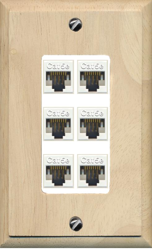 RiteAV 1 Gang Decorative 6 Port Cat5e Wall Plate - 1 Gang [Wood/White]