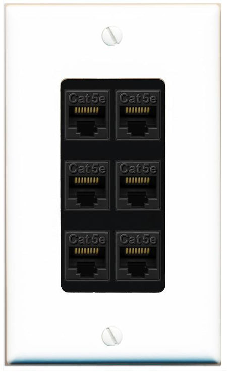RiteAV 1 Gang Decorative 6 Port Cat5e Wall Plate - 1 Gang [White/Black]