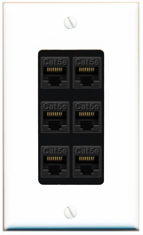 RiteAV 1 Gang Decorative 6 Port Cat5e Wall Plate - 1 Gang [White/Black]