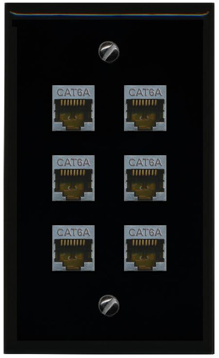 RiteAV - (1 Gang Flat) 6 Port Cat6a Ethernet Shielded Wall Plate - Flat [Black/Black]