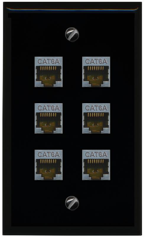 RiteAV - (1 Gang Flat) 6 Port Cat6a Ethernet Shielded Wall Plate - Flat [Black/Black]