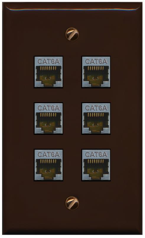 RiteAV - (1 Gang Flat) 6 Port Cat6a Ethernet Shielded Wall Plate - Flat [Brown/Brown]
