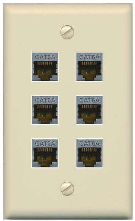 RiteAV - (1 Gang Flat) 6 Port Cat6a Ethernet Shielded Wall Plate - Flat [Ivory/Ivory]