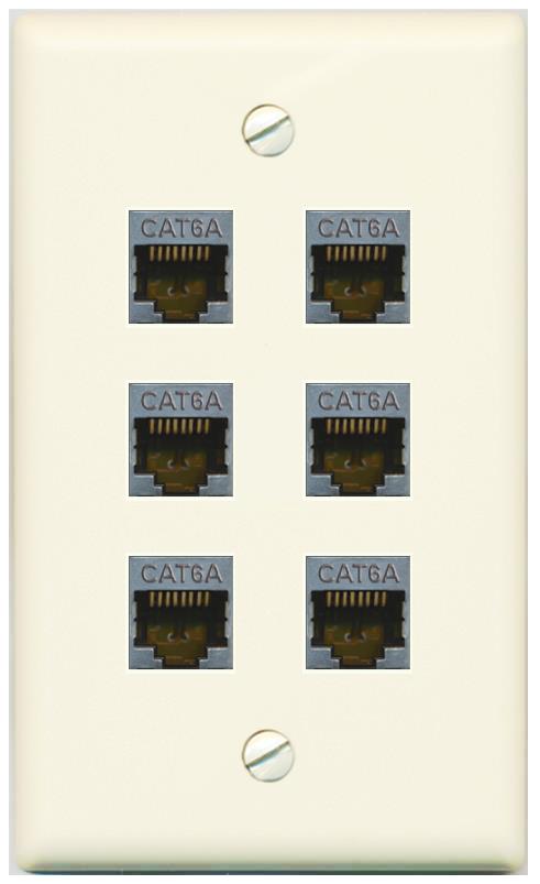 RiteAV - (1 Gang Flat) 6 Port Cat6a Ethernet Shielded Wall Plate - Flat [Light-Almond]