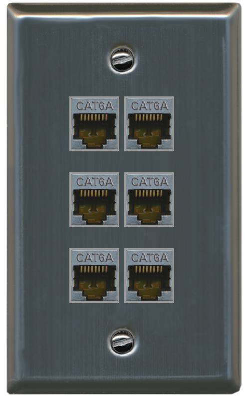 RiteAV - (1 Gang Flat) 6 Port Cat6a Ethernet Shielded Wall Plate - Flat [Stainless Steel]
