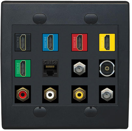 RiteAV 5 x HDMI (Red-Blue-White-Yellow-Green) Cat5e 2 Coax Toslink 3xRCA Composite Wall Plate - Flat 2 Gang [Black/Black]