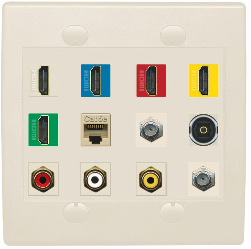 RiteAV 5 x HDMI (Red-Blue-White-Yellow-Green) Cat5e 2 Coax Toslink 3xRCA Composite Wall Plate - Flat 2 Gang [Light Almond]