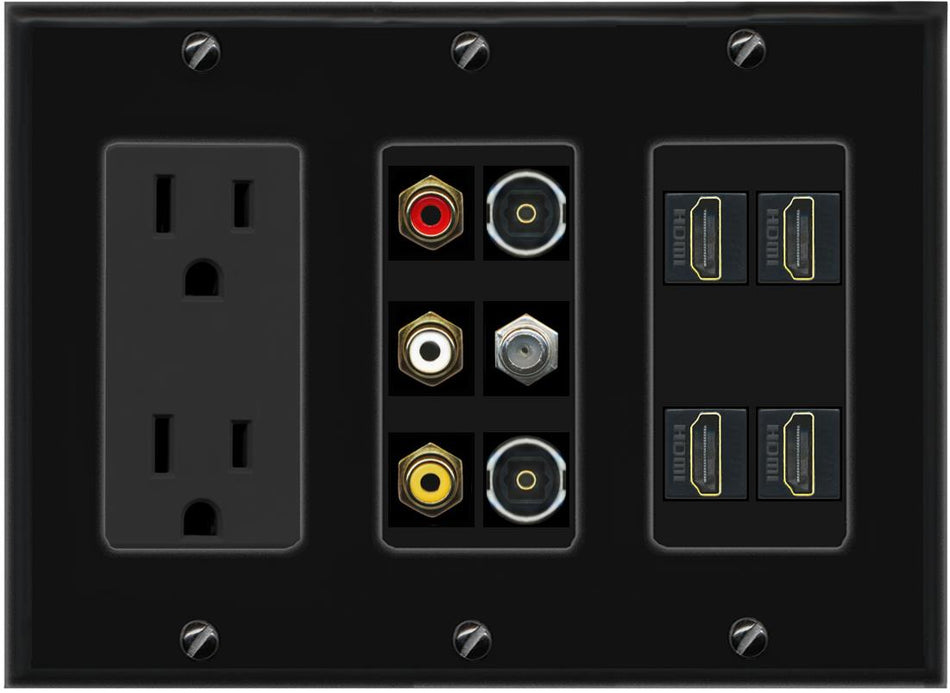 Power Outlet 4xHDMI 3 Gang Rca Composite (Red-White-Yellow) 2 Toslink Coax Wall Plate Black