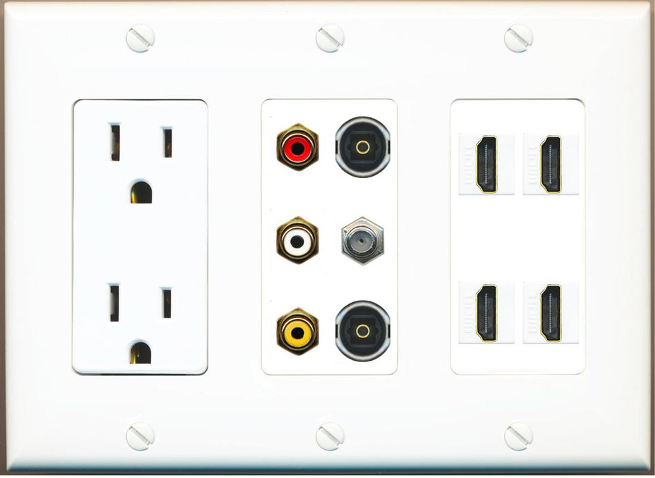 Power Outlet 4xHDMI 3 Gang Rca Composite (Red-White-Yellow) 2 Toslink Coax Wall Plate White