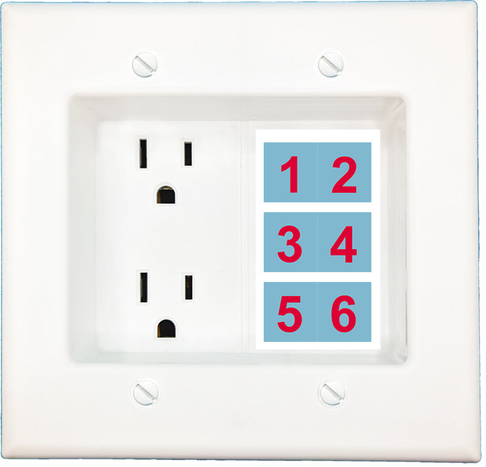 RiteAV Custom 2 Gang 6 Port Recessed Duplex Receptacle 15A Power Outlet Wall Plate White