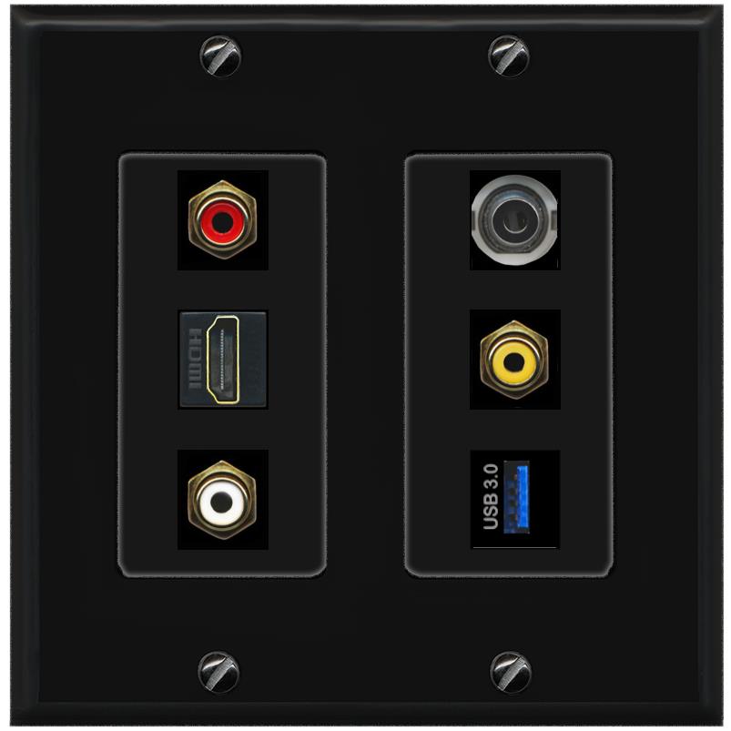 RiteAV 3xRCA Composite HDMI 3.5mm USB 3.0 Wall Plate - 2 Gang [Black/Black]