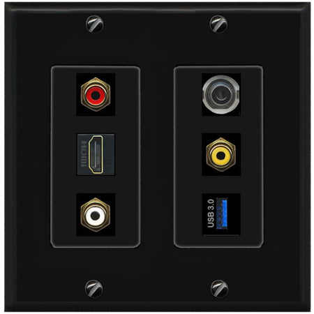 RiteAV 3xRCA Composite HDMI 3.5mm USB 3.0 Wall Plate - 2 Gang [Black/Black]