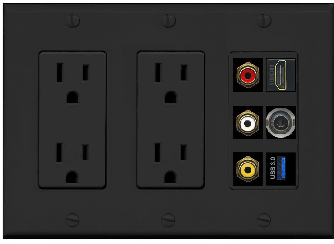 RiteAV 3xRCA Composite HDMI 3.5mm USB 3.0 Wall Plate - 2 Outlet [Black/Black]