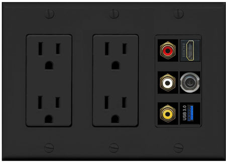RiteAV 3xRCA Composite HDMI 3.5mm USB 3.0 Wall Plate - 2 Outlet [Black/Black]